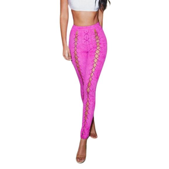 House of CB London Pants Womens XS Pink Sophina Lace Up Suede High Rise Skinny